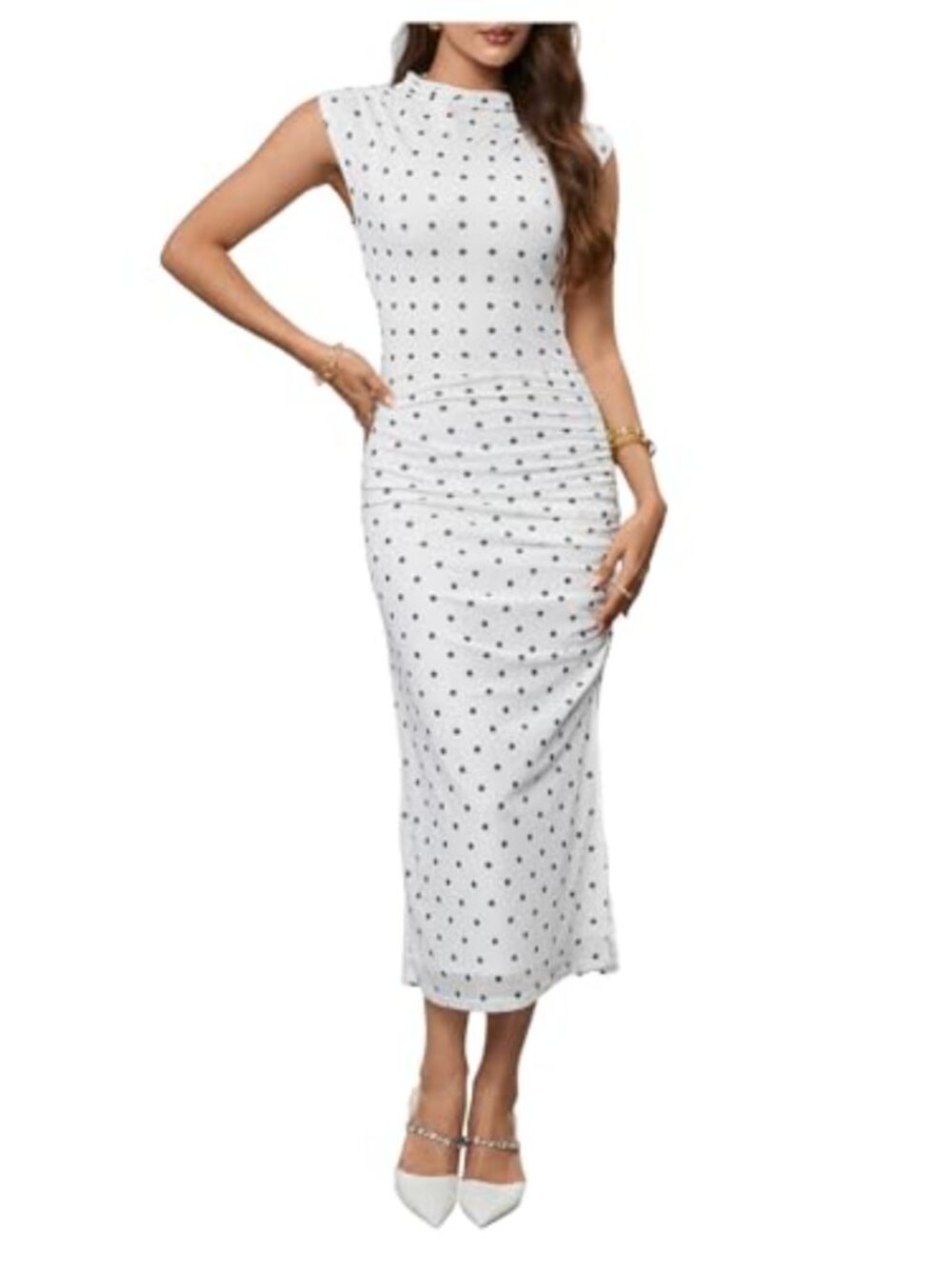 Polka Dots Sleeveless Ruched Bodycon Midi Dress Mock Neck Split Thigh
